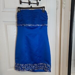 Mori Lee Royal Blue Strapless Dress with Silver Sequinces Accents